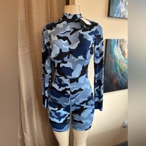 Fashion Nova blue camo long sleeves shorts jumpsuit women